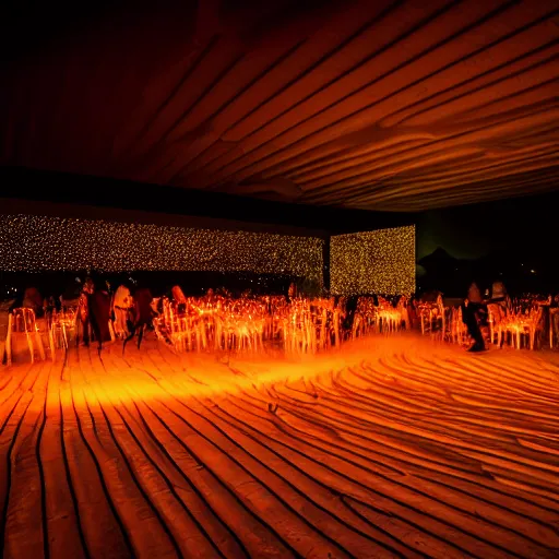 Image similar to dancefloor kismet, revellers, front left speaker, fire, night, the australian desert, zaha hadid, xf iq 4, 1 5 0 mp, 5 0 mm, f 1. 4, iso 2 0 0, 1 / 1 6 0 s, dawn, golden ratio, rule of thirds