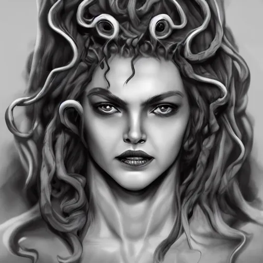 Prompt: medusa portrait marble, black and white, wicked smile, artstation, detailed, blurred background