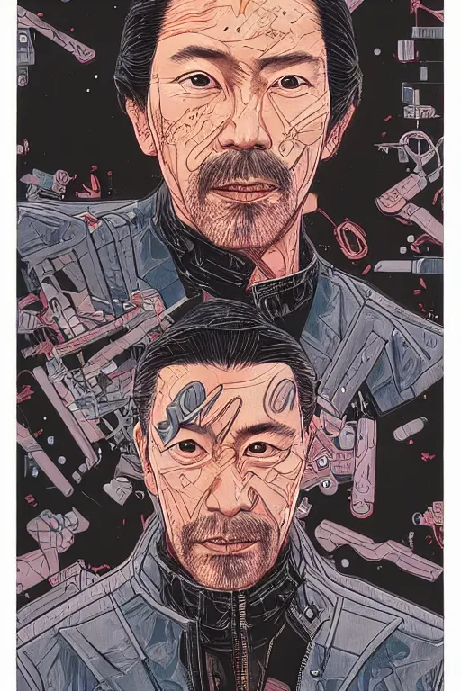 Image similar to 1 9 8 9 portrait of hiroyuki sanada in a leather jacket. highly detailed masterpiece art by josan gonzalez.