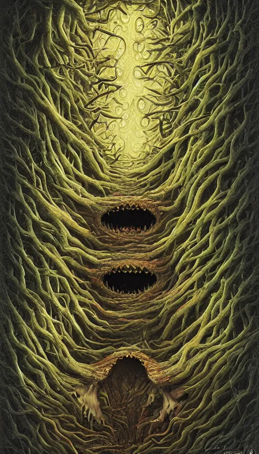 Image similar to a storm vortex made of many demonic eyes and teeth over a forest, by naoto hattori