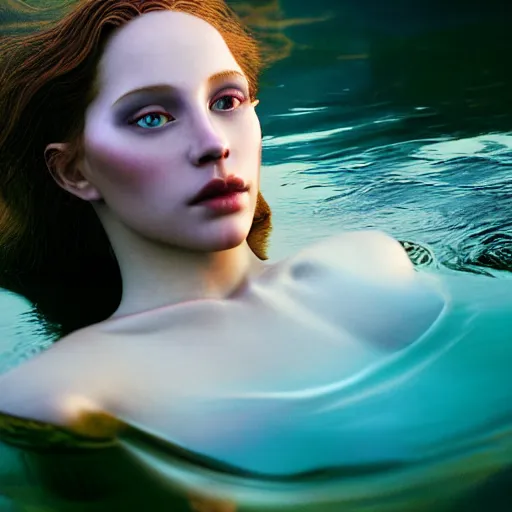 Image similar to photographic portrait of a stunningly beautiful siren renaissance female, floating on a lake, in soft dreamy light at sunset, contemporary fashion shoot, by edward robert hughes, annie leibovitz and steve mccurry, david lazar, jimmy nelsson, extremely detailed, breathtaking, hyperrealistic, perfect face, octane render