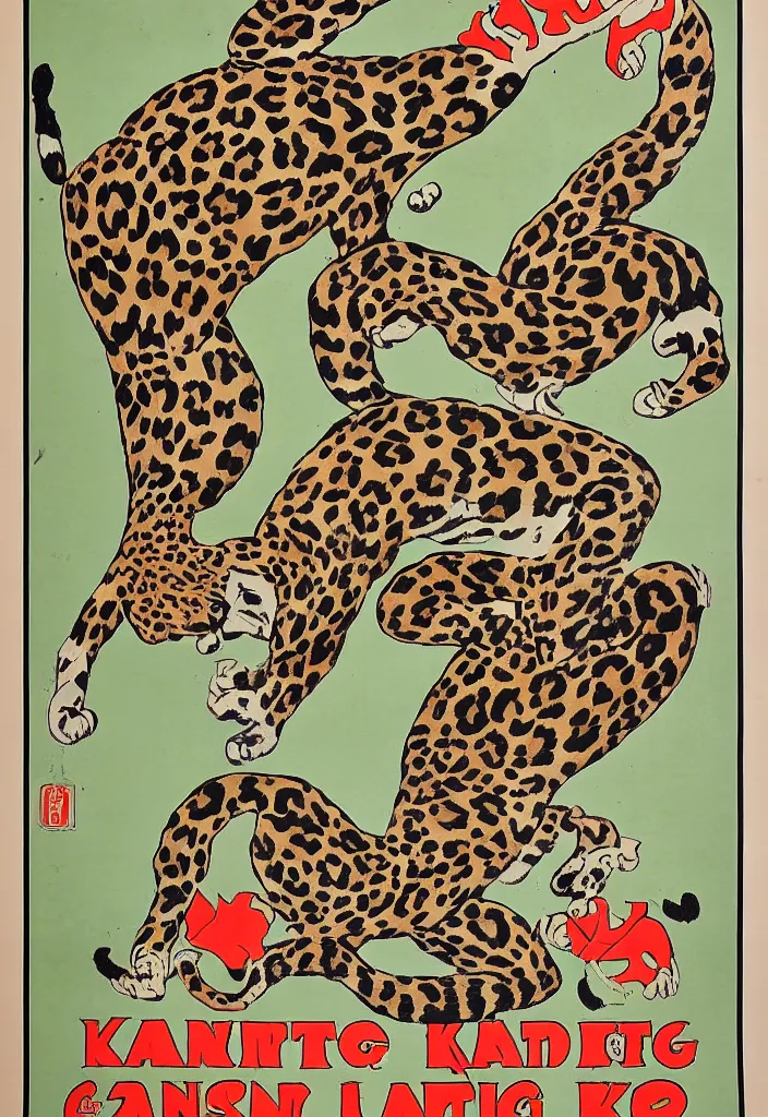 Prompt: 1 9 2 0's poster showing how to control attacking leopard with karate hand gestures, illustrating drawing, silk print