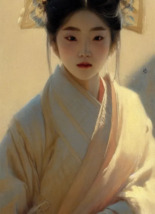 Image similar to detailed portrait of ju jingyi wearing hanfu, natural light, painting by gaston bussiere, craig mullins, j. c. leyendecker