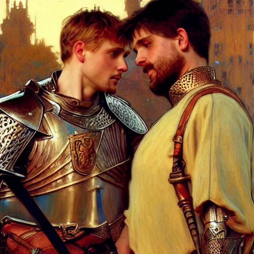 Image similar to attractive arthur pendragon and his attractive male knight, they are in love, natural lighting, path traced, highly detailed, high quality, digital painting, by gaston bussiere, craig mullins, alphonse mucha j. c. leyendecker