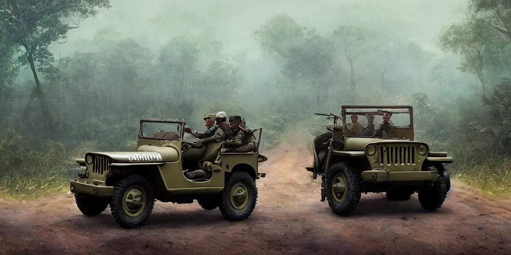 Image similar to british officers riding willys jeep, in kerala forest road in 1921, chasing a culprit, action scene, an epic fantasy, dramatic lighting, cinematic, establishing shot, extremely high detail, photorealistic, cinematic lighting, matte painting, artstation, by simon stalenhag, horizon forbideen west