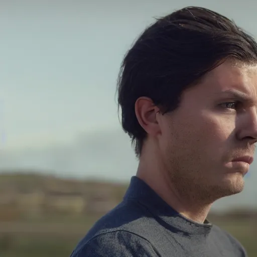 Prompt: a guy in a grey shirt with long sleeves and wearing dark blue jeans, dark black hair and no visible facial hair at all looking in the distance to see a factory plotting something ( highly detailed, and cinematic movie shot, greatly illustrated, photo - realistic, hyperrealistic image, 4 k, uhd, good quality still frame photo )