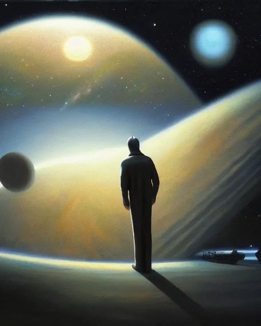 Image similar to a painting of a man standing in front of a planet, a detailed matte painting by david a. hardy and by les edwards and by ralph mcquarrie, featured on deviantart, space art, sci - fi, dystopian art, matte painting
