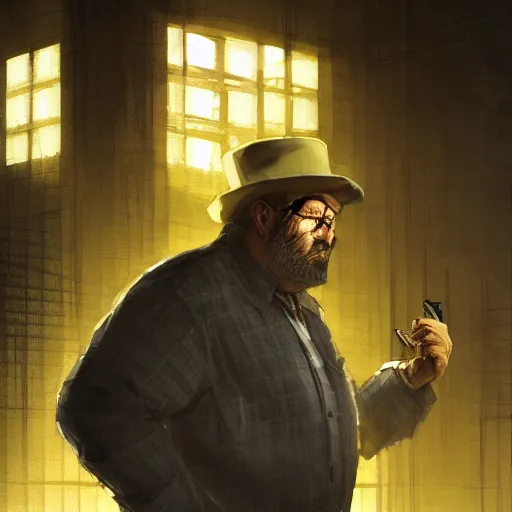 Image similar to portrait of an overweight 55 year old man with short gray hair and a round gray beard, wearing a checkered shirt and a wide brimmed hat, dramatic lighting, illustration by Greg rutkowski, yoji shinkawa, 4k, digital art, concept art, trending on artstation
