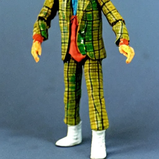 Image similar to plastic wolfman action figure with faded green face dressed in a plaid suit. 1 9 7 9 vintage