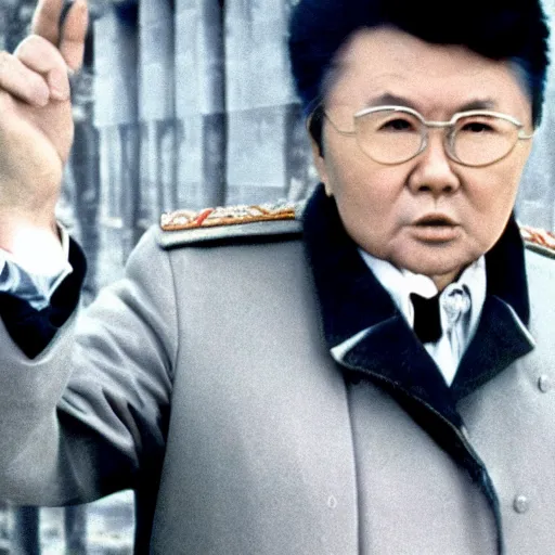 Prompt: filmstill of Kim Jong-il in the role of Doctor Zhivago by David Lean, 1965, cinemascope, 35mm film