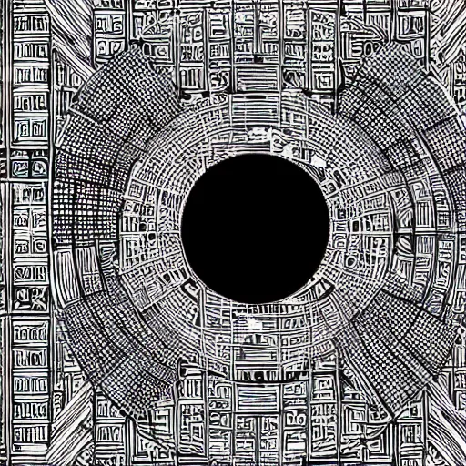 Image similar to a faint yin - yang daoist symbol superimposed on the futuristic cityscape in a utopian well - organized society, black and white multiscale