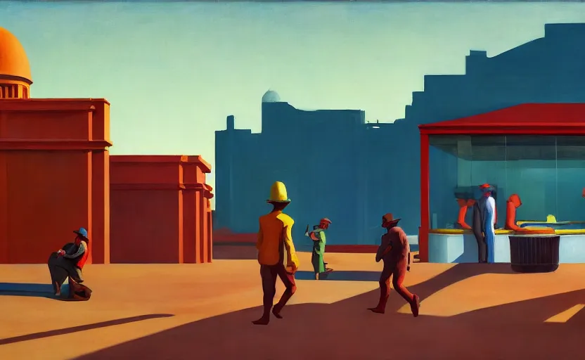 Image similar to Sowers and farmers in a Martian city built in 1930, very coherent, painted by Edward Hopper, painted by James Gilleard, airbrush, art by JamesJean