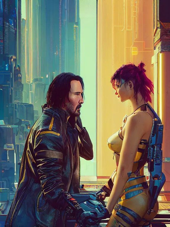 Image similar to a cyberpunk 2077 couple portrait of Keanu Reeves and V,love story,film lighting,by laurie greasley,Lawrence Alma-Tadema,William Morris,Dan Mumford,trending on atrstation,full of color,Digital painting,face enhance,highly detailed,8K, octane,golden ratio,cinematic lighting