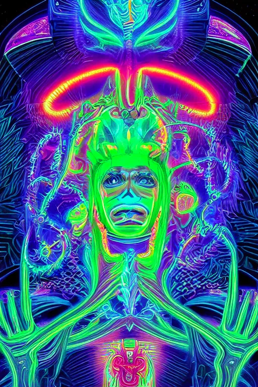 Prompt: a detailed digital neon illustration of the burningman effigy in the style of Alex Grey, lisa frank, beeple, dan mumford. maya render, trending on artstation, greg rutkowski very coherent symmetrical artwork, psychedelic, fantasy, 8k, 3d render, intricate, symmetry, cinematic, hyper realism, high detail, 8k, iridescent accents