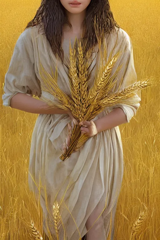 Prompt: The goddess of autumn harvest, tranquility, beautiful face, long hair, wearing wheat yellow gauze skirt, by wlop