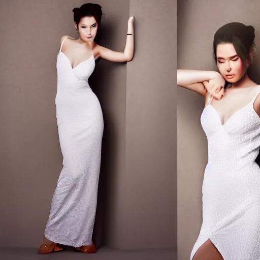 Prompt: fashion photoshoot beautiful female wearing luxury party dress 35mm body shot magazine white background