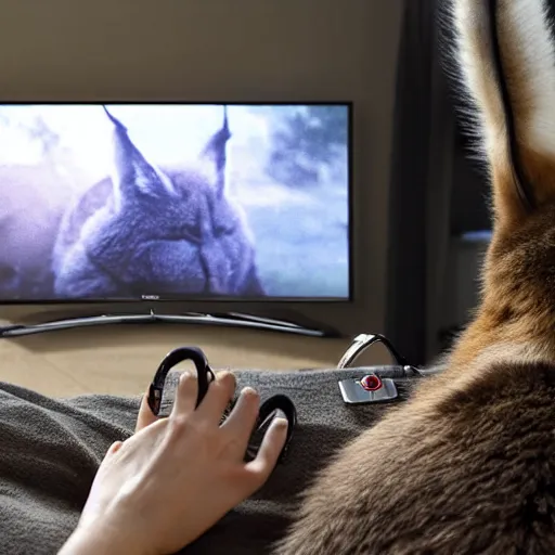 Image similar to view from behind from bed of a cute fluffy caracal wearing headset watching big tv displaying world of tanks, intricate detail, cinematic composition