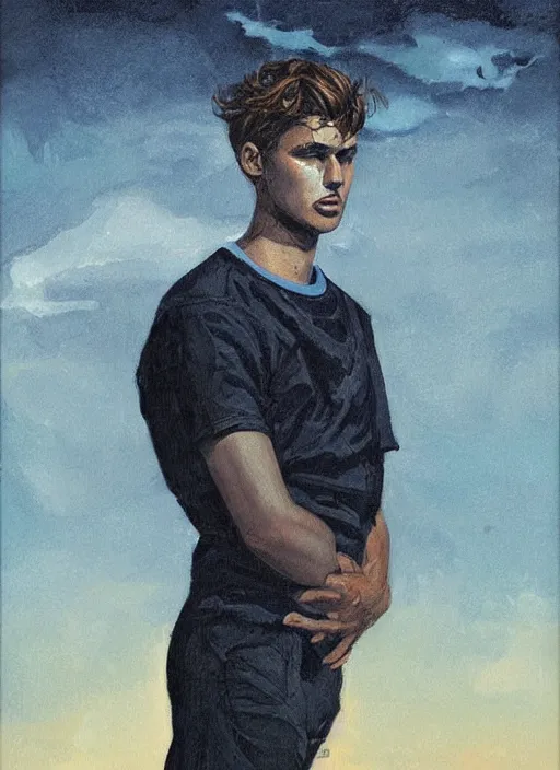 Prompt: portrait of young male sailor, night sky background, coherent! by brom, deep color, strong line, high contrast