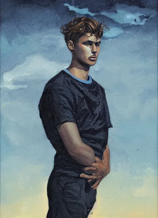 Image similar to portrait of young male sailor, night sky background, coherent! by brom, deep color, strong line, high contrast