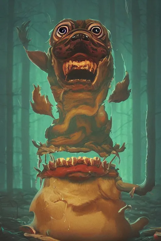 Image similar to demon pug eating flesh. art by mike winkelmann, sticker, illustration, highly detailed, artstation