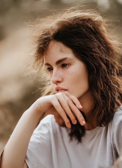 Prompt: a woman, in nature, beautiful face, serious expression, brown hair, wearing pants and a t-shirt, backlit, photo by Marat Safin, Canon EOS R3, f/1.4, ISO 200, 1/160s, 8K, RAW, unedited, symmetrical balance, in-frame