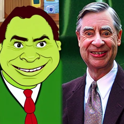 Image similar to shrek combined with both mr rogers and the rock