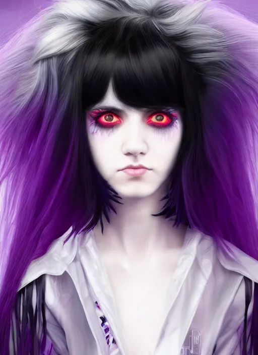 Image similar to hair blackbangs hair, white cyberlox, portrait of normal teenage girl, normal face, black bangs, messy bangs, fluffy bangs, cyberlox, whitebangs, red contact lenses, purple background, intricate, elegant, highly detailed, digital painting, artstation, concept art, sharp focus, smooth, illustration, art by wlop, mars ravelo and greg rutkowski