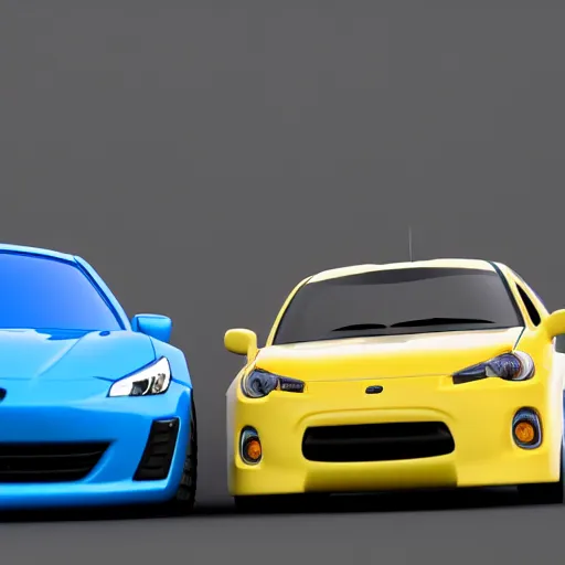Prompt: An Evo 10 car and a BRZ car kissing each other, Pixar Cars movie style, 3D render, beautiful lighting, the cars have faces, extremely detailed, HDR, 4K, 8K, the lips of the cars are touching, the cars have Disney Pixar faces, kids movie, cute