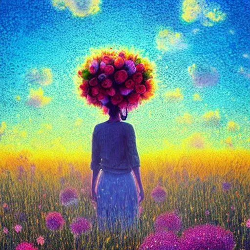 Image similar to giant flower afro, full body, girl standing in the middle of a field with flowers, surreal photography, hills, sunrise dramatic light, impressionist painting, colorful clouds, digital painting, pointillism, artstation, simon stalenhag
