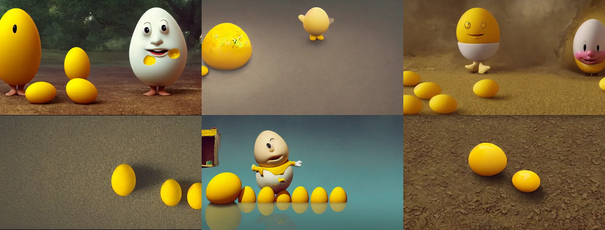 Prompt: broken humpty dumpty, yellow egg yolk flooding, film still from a disney channel comedy, 2 0 1 5 cinematography, vfx by framestore