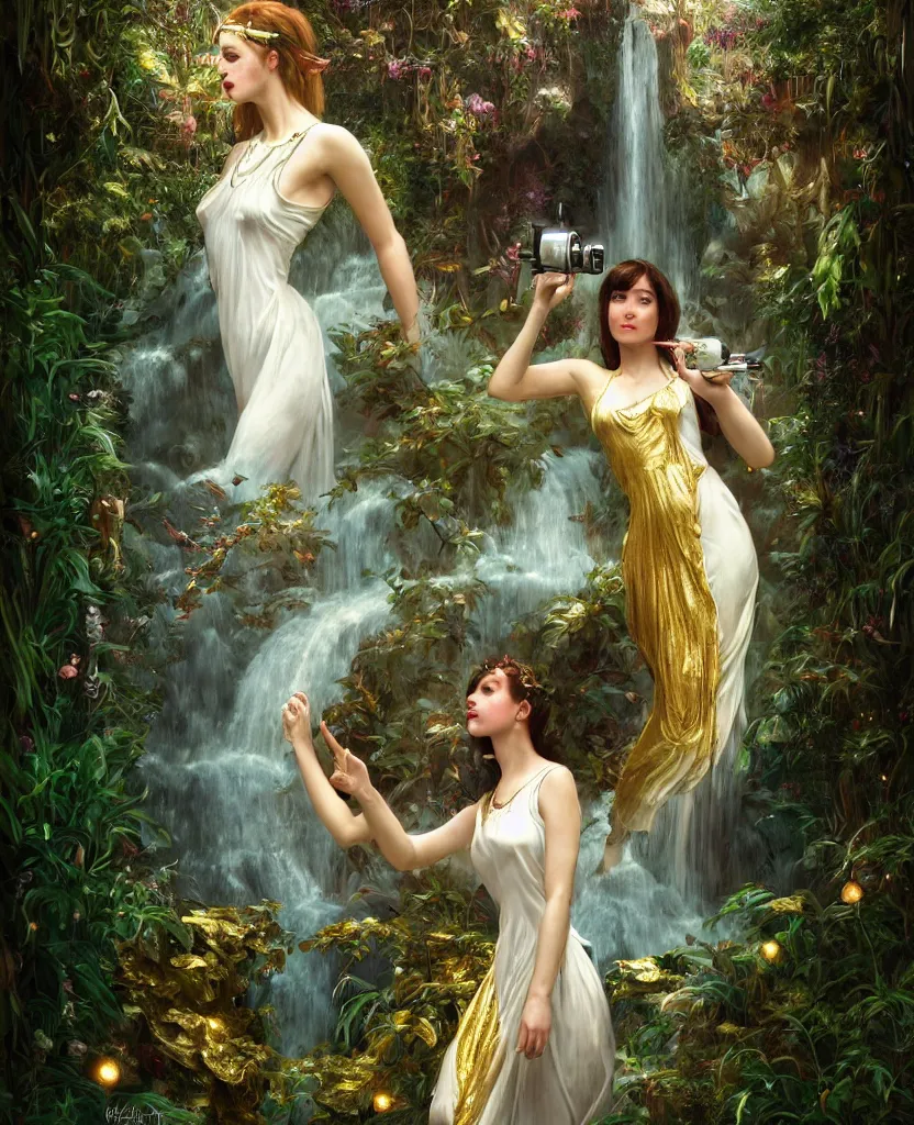 Image similar to hyper realistic photographer looking through a vintage medium format camera, magic pouring from lens, fantasy castle, full body waterfall dress, design on white background, beautiful details, lush foliage cyberpunk, gold, drawn by john singer sargent, tom bagshaw, norman rockwell, alphonso mucha, lolish, trending on artstation