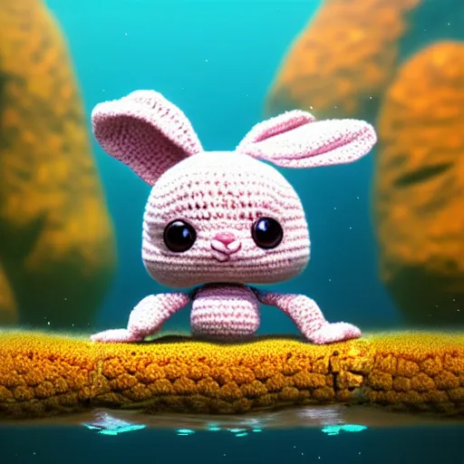 Prompt: a baby crochet bunny diving underwater. cute, illustration, digital art, inspired by little big planet, by greg rutkowski, sharp, masterpiece, highly detailed, photorealistic, octane render, 8 k, unreal engine 5, trending on artstation, vivid colors
