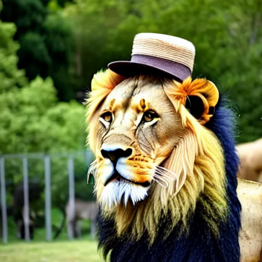 Prompt: lion at the zoo wearing a hat