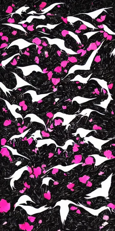 Image similar to flock of ravens made of black! rose petals!!, abstract, album art