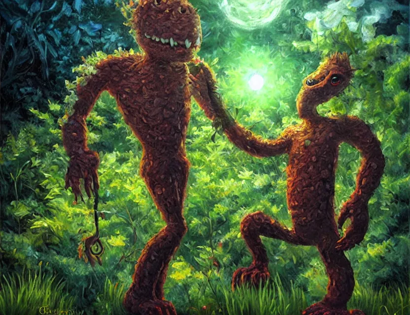 Image similar to quirky humanoid monster in the garden. oil painting by award - winning comic artist. backlighting, chiaroscuro, depth of field, luminescent colors.