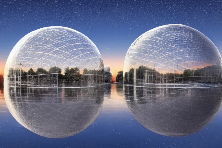 Image similar to a building formed by many white spherical bubbles arranged and combined in space, on the calm lake, people's perspective modern curved architecture, future, award winning, highly detailed 4 k art, dusk, by kazuyo sejima