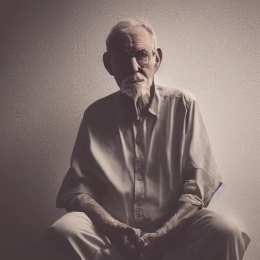 Image similar to a full shot of an old man sitting in the corner of a dimly lit room