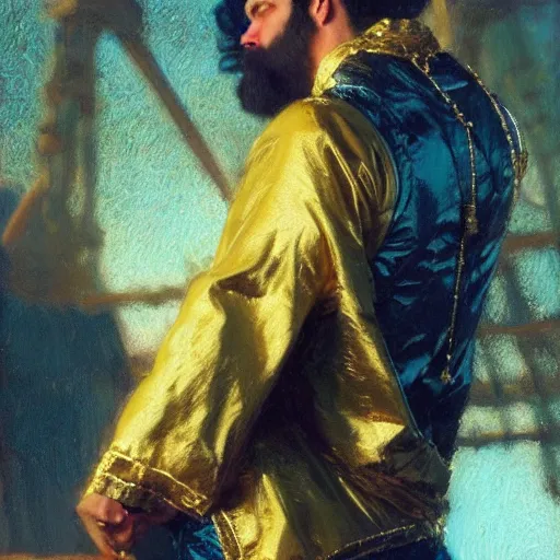 Image similar to detailed realistic cinematic wide shot of beautiful attractive muscular michael cera black beard pose with gold chain wearing blue suit gold robe slim face symettrical face clean skin black eyes black robe smooth, sharp focus, ultra realistic, spring light, painting by gaston bussiere, craig mullins, j. c. leyendecker