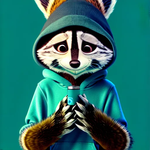 Image similar to a very relaxed stoner with a black hoodie on with a furry raccoon head from zootopia, wearing teal beanie, holding a small vape, blowing out smoke, 3 d render, 8 k, extremely detailed fur, wearing a cool marijuana t - shirt