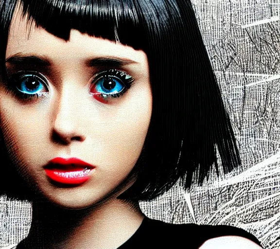 Prompt: very beautiful closeup portrait of a black bobcut hair style futuristic alessandra torresani in a blend of manga - style art, augmented with vibrant composition and color, all filtered through a cybernetic lens, by hiroyuki mitsume - takahashi and noriyoshi ohrai and annie leibovitz, dynamic lighting, flashy modern background with black stripes