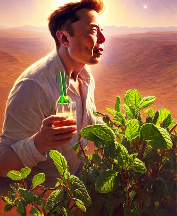 Image similar to elon musk sipping mojito on mars, mottled coloring, adorable, childlike, pastoral environment, ultra realistic, concept art, art nouveau, photorealistic, octane render, 8 k, unreal engine. art by christopher marley and artgerm and greg rutkowski and alphonse mucha