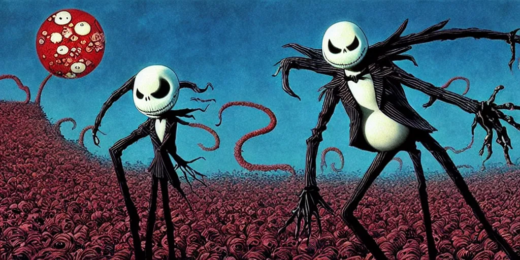 Prompt: nightmare before christmas movie still frame by yuko shimizu by takashi murakami, by beksinski by wayne barlowe