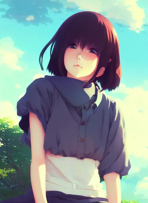 Image similar to portrait of a anime girl by ilya kuvshinov, cloudy sky background lush landscape illustration concept art anime key visual trending pixiv fanbox by wlop and greg rutkowski and makoto shinkai and studio ghibli