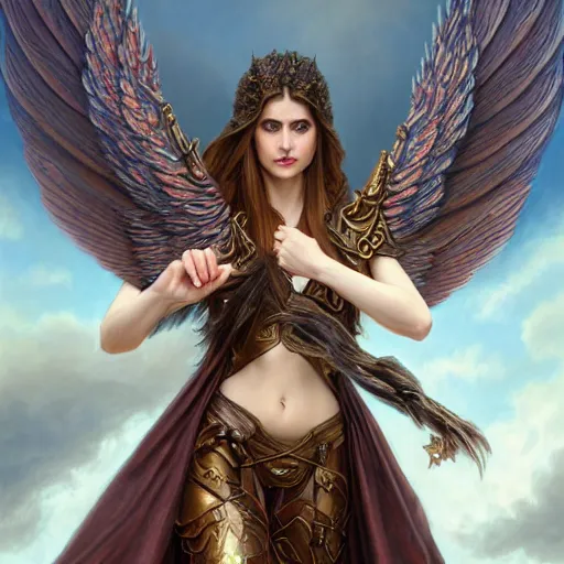 Prompt: portrait of young aasimar angel girl maiden wearing comfy leather armor with beautiful feathered angel wings, brown eyes, Alexandra Daddario, Blizzard, Diablo, by artgerm and greg rutkowski and alphonse mucha and andrei riabovitchev, 4k oil on linen, vivid colors, colorful, high dynamic range, HDR, intricate, elegant, highly detailed, digital painting, artstation, concept art, smooth, sharp focus, illustration