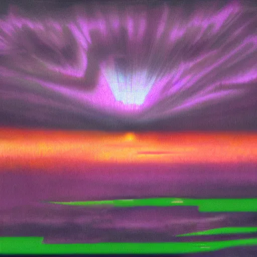 Image similar to a piece of purple sky with a green sun falls to the ground and breaks into fragments, futurism, schizophrenia, hyperrealistic fall