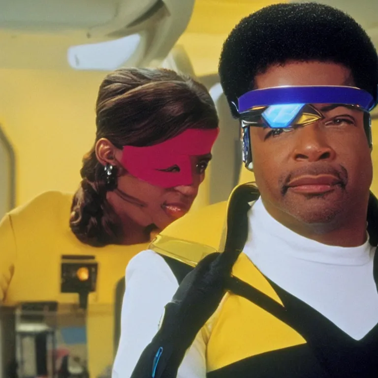 Prompt: geordi la forge wearing retro visor and feather earrings on the starship enterprise