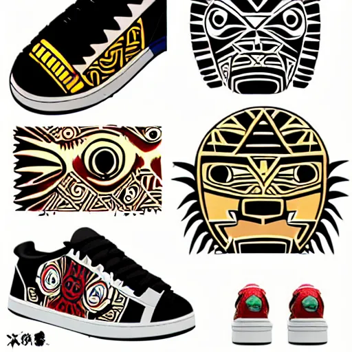 Image similar to sneaker design designed by studio ghibli, aztec mayan street fashion native punk sneaker design, majora's mask, wearing wooden mask, hip hop sneaker design with subtle mayan patterns, gapmoe yandere grimdark, trending on pixiv fanbox, painted by greg rutkowski makoto shinkai takashi takeuchi studio ghibli, akihiko yoshida