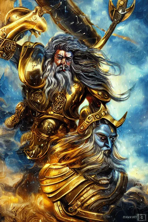 Image similar to mythological odin all father god of thunder and artificial intelligence creating deep learning with gold synapses on an anvil, high resolution, award winning art, trending on art station, sharp image, incredibly detailed, detailed character realistic painting