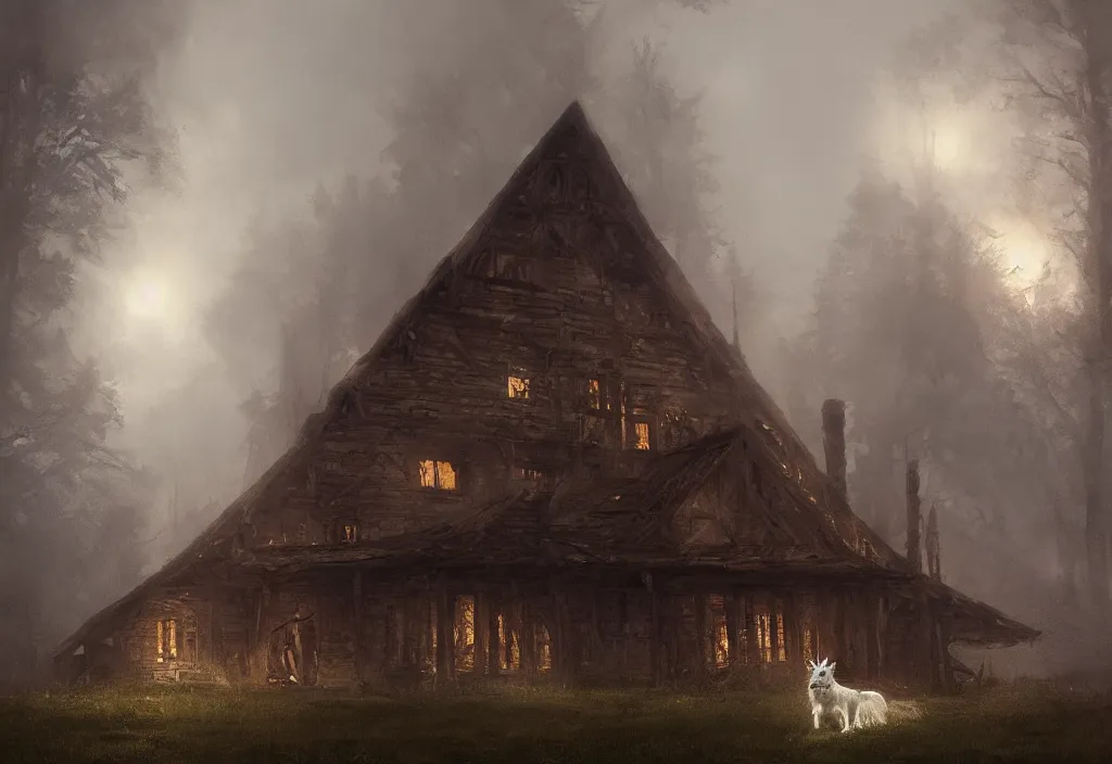 Image similar to a white wolf in front of a large burning timber house, artstation, jakub rozalski, high detail, dramatic lighting, night, fog