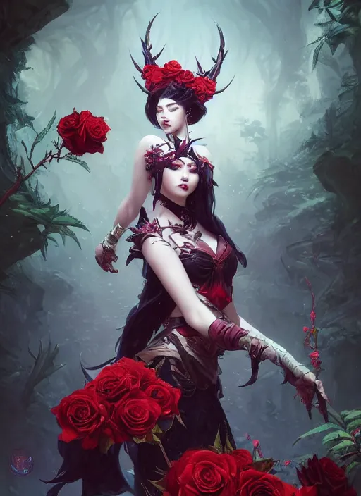 Prompt: beautiful kuromi surrounded by thorns and roses, attractive face, photo by alexey gurylev, high detail, clear focus, concept art, league of legends, shumolly style, monable, artgerm, greg rutkowski, zeronis, pilen and ruan jia